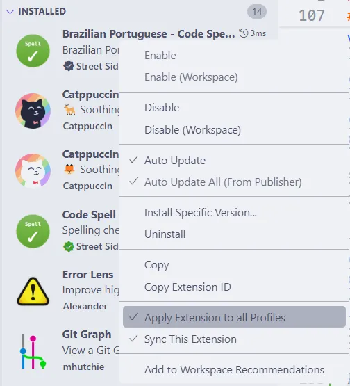 Janela de extensões do Visual Studio Code, em que se aplica a extensão "Git Graph" a todos os perfis do editor.