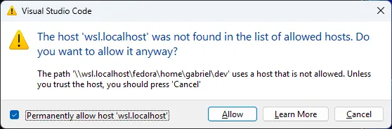Janela do Visual Studio Code, que pede autorização para se conectar ao WSL.