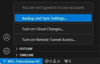 Menu de contas do Visual Studio Code, em que se seleciona a opção de se fazer sincronização.
