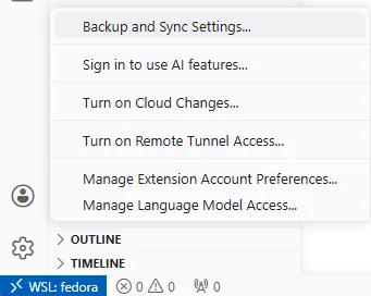 Menu de contas do Visual Studio Code, em que se seleciona a opção de se fazer sincronização.