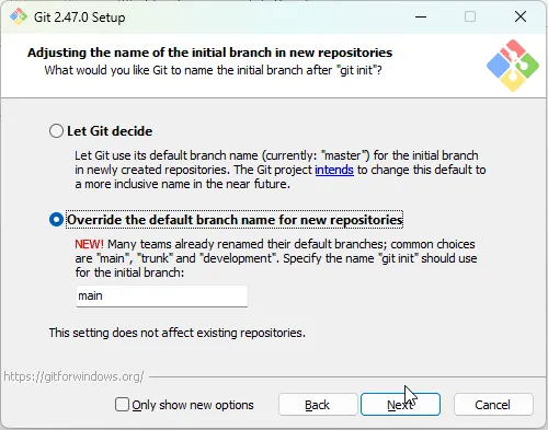 Instalador do Git para Windows, na tela de seleção do nome padrão de branch, em que se escolhe o nome "main".