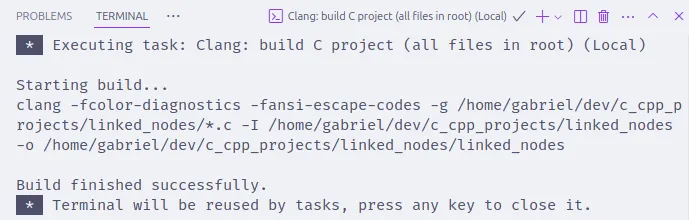 Terminal integrado do Visual Studio Code exibindo a saída da compilação do projeto "linked_nodes".