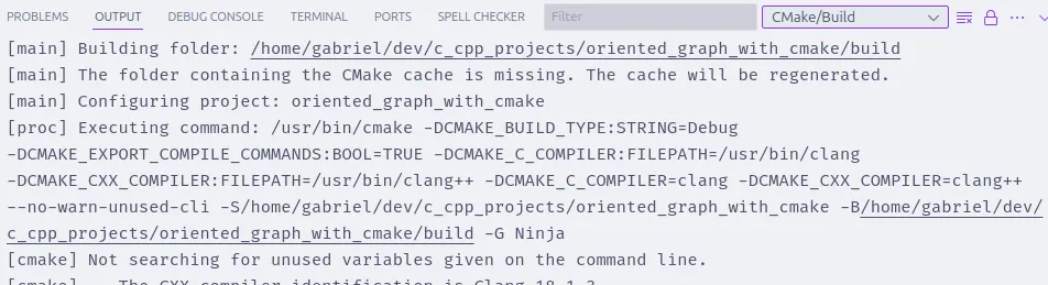 Seção de Output do Visual Studio Code, em que se vê a saída da compilação do projeto.