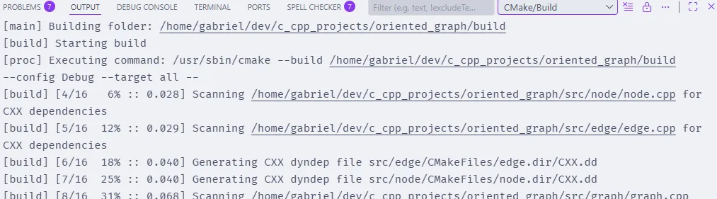 Seção de Output do Visual Studio Code, em que se vê a saída da compilação do projeto.