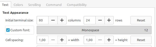 Preferências do GNOME Terminal, em que se altera o tamanho da fonte.