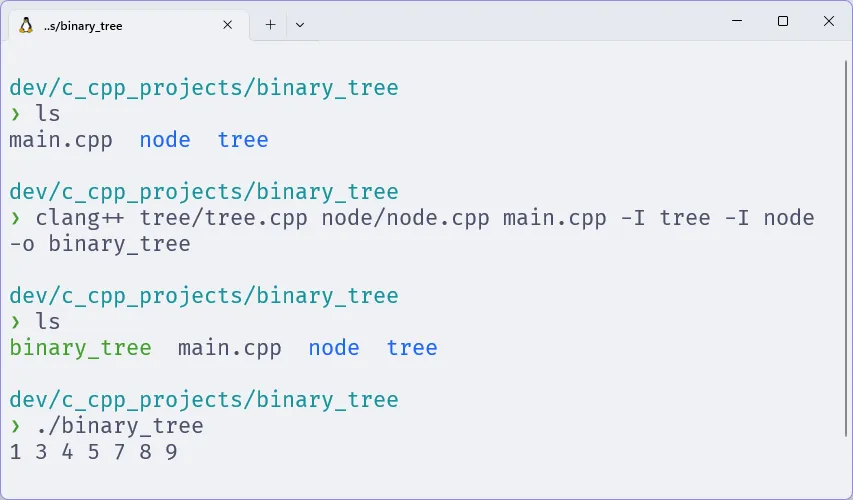 Terminal com os comandos para compilar e executar o projeto "binary_tree", cujo resultado é "1 3 4 5 7 8 9"