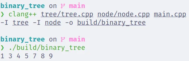 Terminal com os comandos para compilar e executar o projeto "binary_tree", cujo resultado é "1 3 4 5 7 8 9"