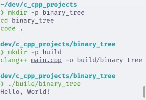 Terminal com os comandos para compilar e executar o programa "Binary Tree", cujo resultado é "Hello, World!"