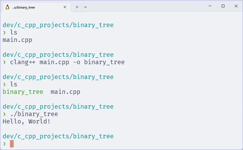 Terminal com os comandos para compilar e executar o programa "Binary Tree", cujo resultado é "Hello, World!"