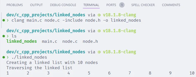 Terminal integrado do Visual Studio Code exibindo a compilação e execução do projeto "linked_nodes".