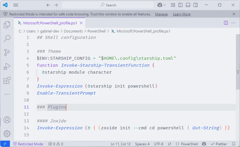 Arquivo de configuração do PowerShell aberto no Visual Studio Code, em que foi adicionada a configuração do Zoxide.