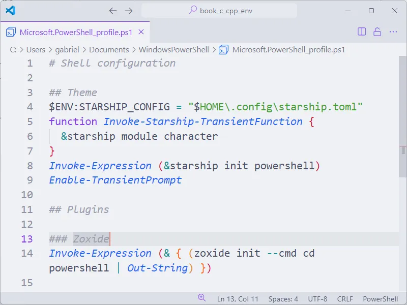 Arquivo de configuração do PowerShell aberto no Visual Studio Code, em que foi adicionada a configuração do Zoxide.