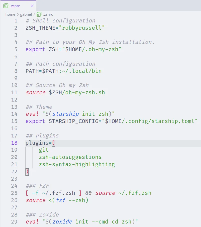 Arquivo de configuração do Zsh aberto no Visual Studio Code, em que foram adicionadas as configurações dos plugins Zsh Autosuggestions e Zsh Syntax Highlighting.