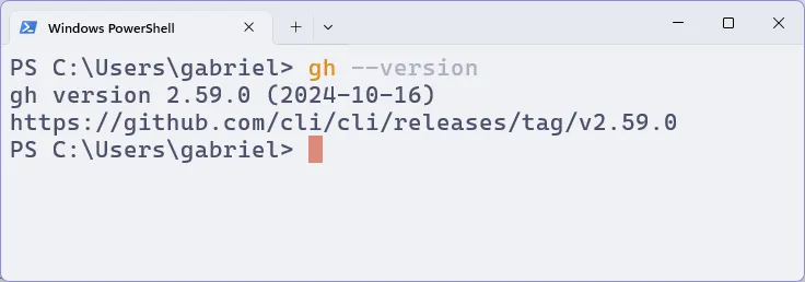 Terminal do PowerShell, em que se executa o comando para confirmar a instalação do GitHub CLI.