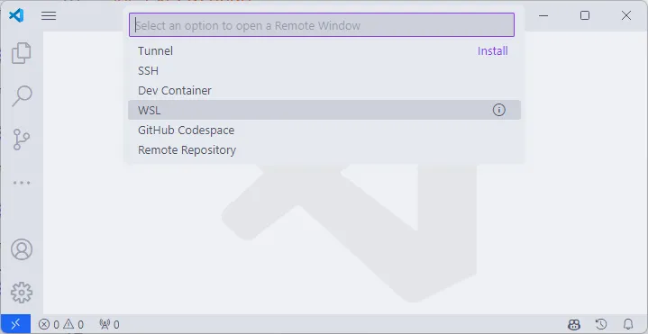 Menu de conexões remotas do Visual Studio Code, em que se seleciona a opção 'WSL: Ubuntu'.