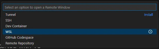 Menu de conexões remotas do Visual Studio Code, em que se seleciona a opção 'WSL'.