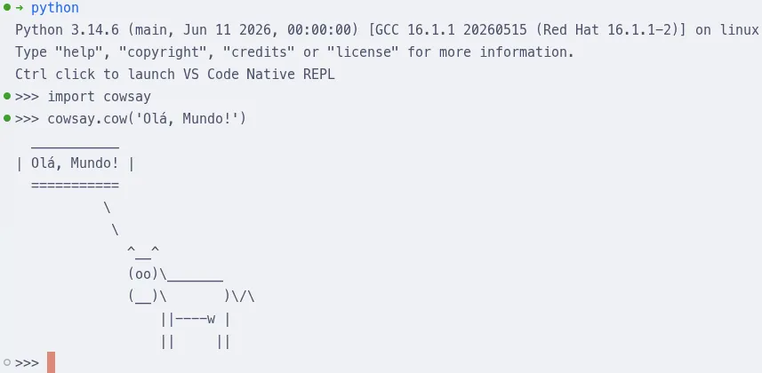Execução de uma função do pacote "cowsay" no console do interpretador do Python.