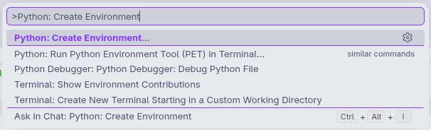 Paleta de Comandos do Visual Studio Code, em que se escolhe a opção "Python: Create Environment".