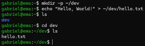 Terminal do Fedora, em que se executa comandos para criar a pasta "dev", se mover para dentro dela e criar um arquivo de texto.