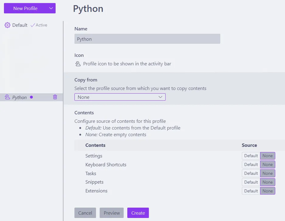 Tela de criação de perfil no Visual Studio Code, em que se define o nome "Python" e o ícone de cobra.