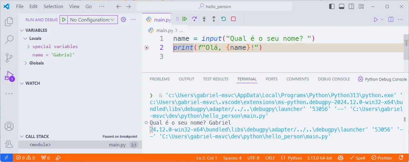 Interface de depuração do Visual Studio Code, em que está aberto o script "main".