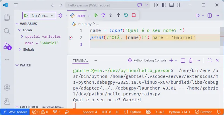 Interface de depuração do Visual Studio Code, em que está aberto o script "main".