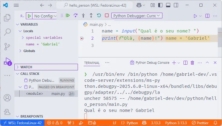 Interface de depuração do Visual Studio Code, em que está aberto o script "main".