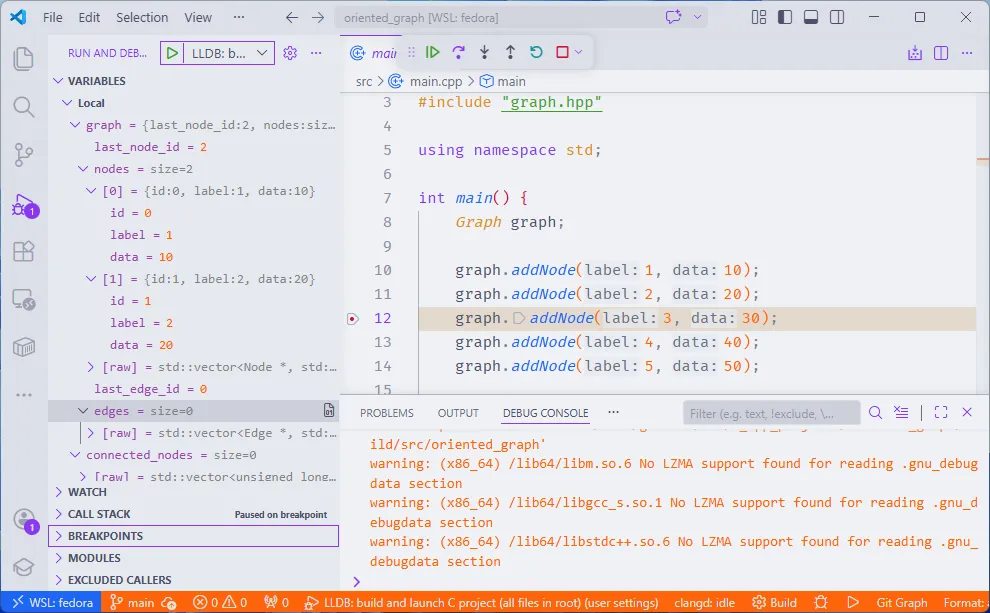 Tela de depuração do projeto no Visual Studio Code. O programa está parado na linha 12 do arquivo main.cpp. Na parte esquerda da tela, estão as variáveis do programa, e na parte inferior, o console de depuração.