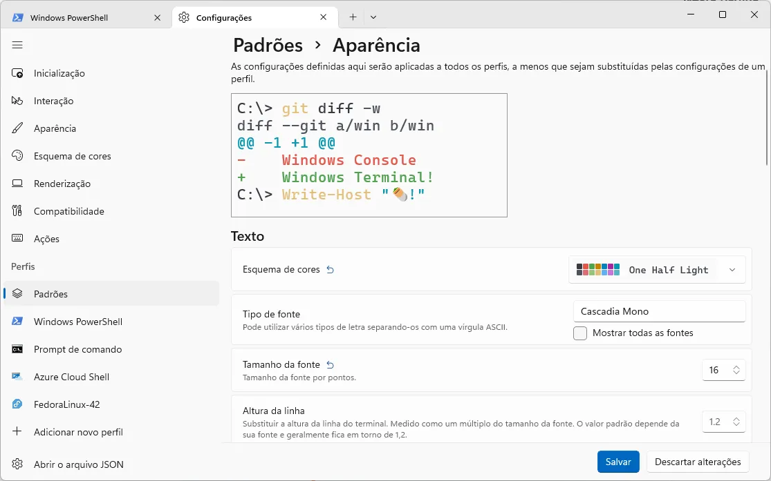 Janela de configurações do Windows Terminal, em que está aberta a tela dos padrões do terminal, na seção de "Aparência".