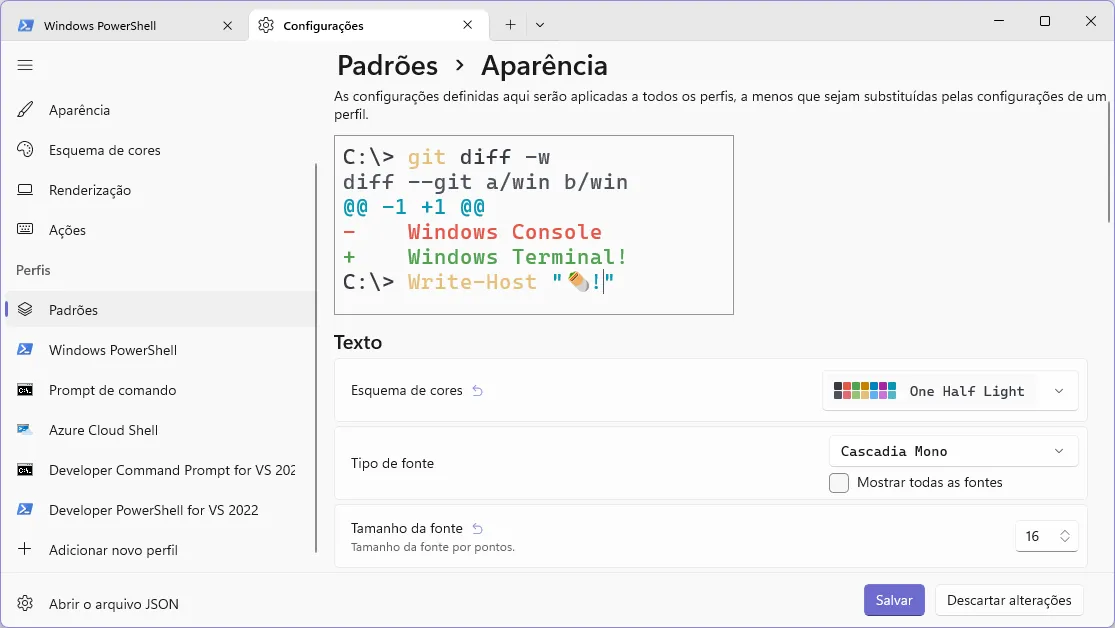 Janela de configurações do Windows Terminal, em que está aberta a tela dos padrões do terminal, na seção de "Aparência".