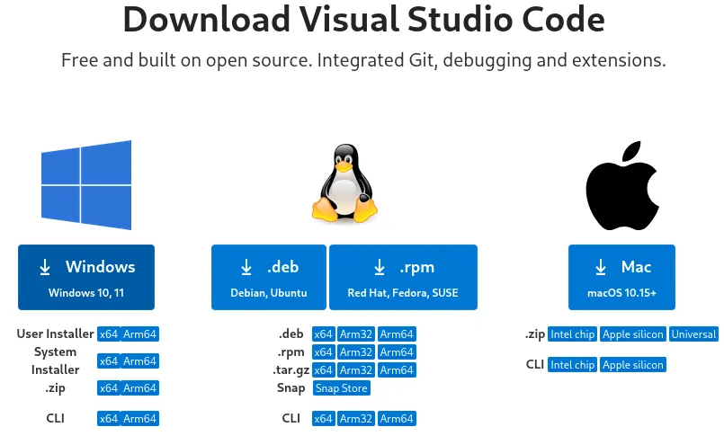 Página de downloads do website do Visual Studio Code.