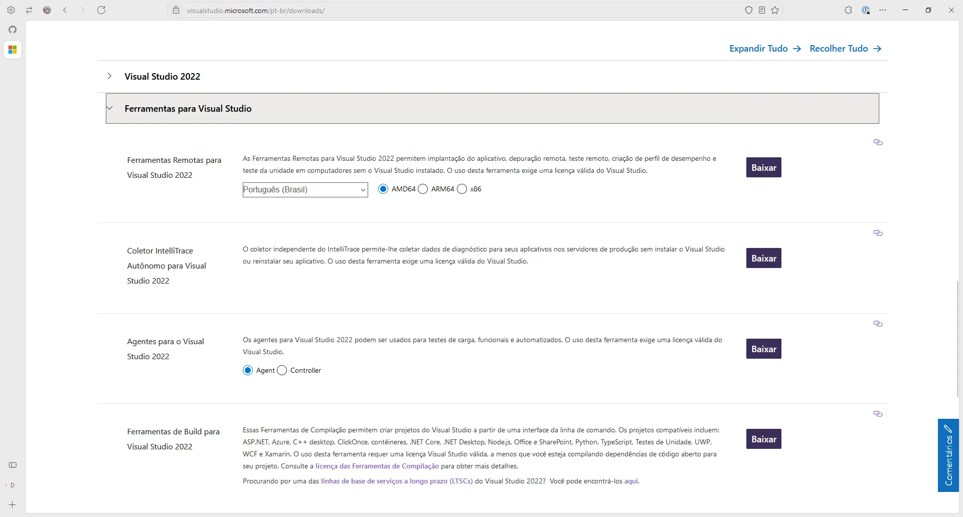 Página de downloads do website do Visual Studio. A seção "Ferramentas de Build para Visual Studio 2022" está destacada.