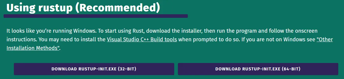 Página de downloads do website do Rust. São exibidas as duas opções de download, para 32 e 64 bits.