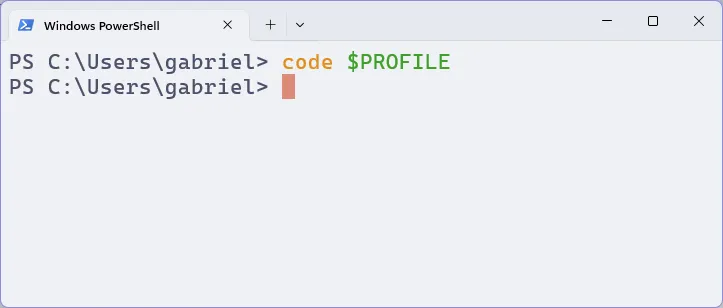 Terminal com o PowerShell, em que se executa o comando para abrir o arquivo de configuração do PowerShell no Visual Studio Code.