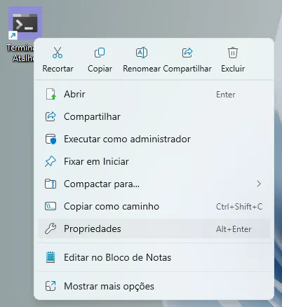 Menu de opções do atalho do Windows Terminal.