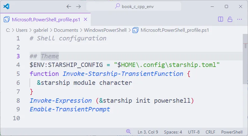 Arquivo de configuração do PowerShell aberto no Visual Studio Code, com as linhas de configuração do Starship adicionadas.