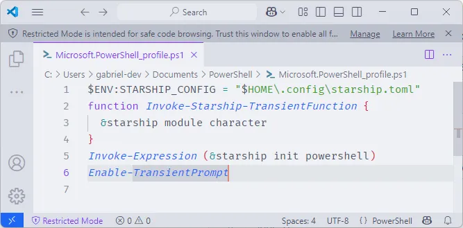 Arquivo de configuração do PowerShell aberto no Visual Studio Code, com as linhas de configuração do Starship adicionadas.