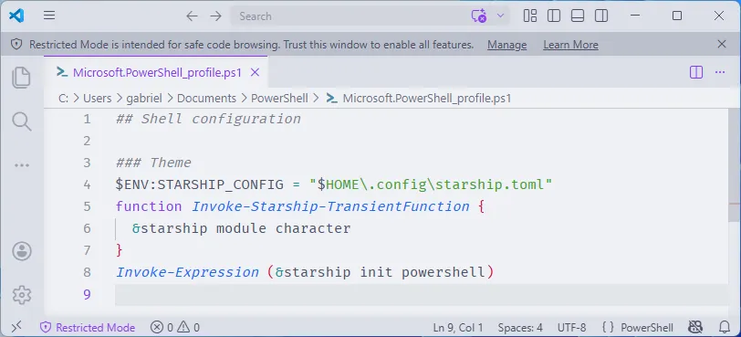 Arquivo de configuração do PowerShell aberto no Visual Studio Code, com as linhas de configuração do Starship adicionadas.