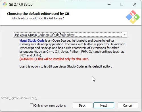 Instalador do Git para Windows, na tela de seleção do editor de texto padrão do Git, em que se escolhe a opção "Visual Studio Code".