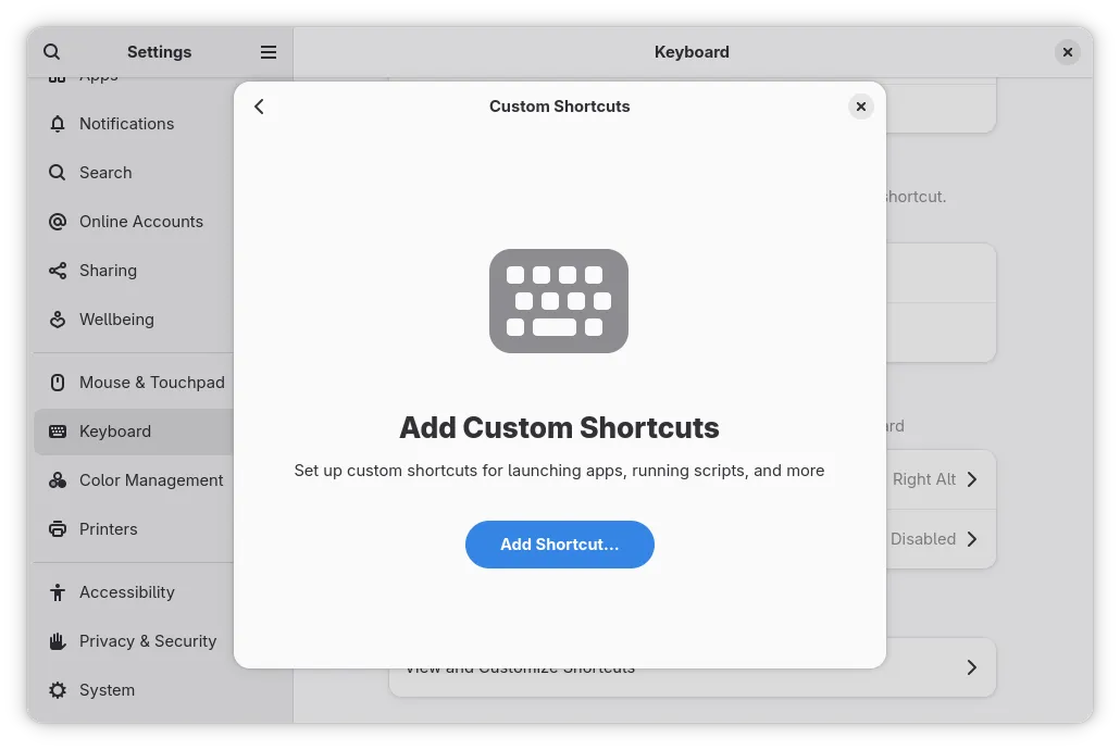 Configurações do GNOME, em que se mostra a lista vazia de atalhos de teclado.
