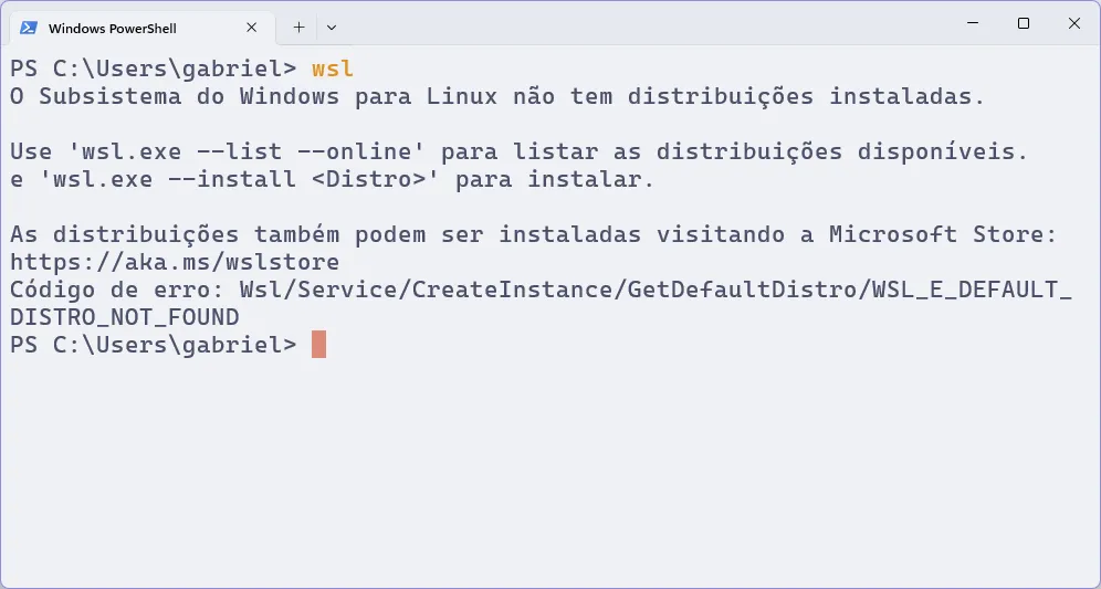 Terminal do PowerShell, em que se executa o comando "wsl". A resposta é "O Subsistema do Windows para Linux não tem distribuições instaladas", o código de erro, e o link para a documentação.