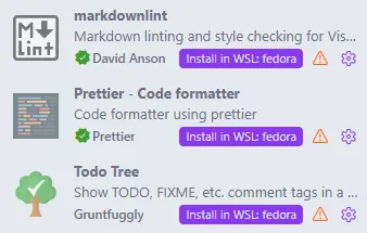 Seção de extensões do visual Studio Code, em que se vê a extensão "markdownlint" desabilitada, ao lado da qual aparece um botão escrito "Install in WSL: fedora".