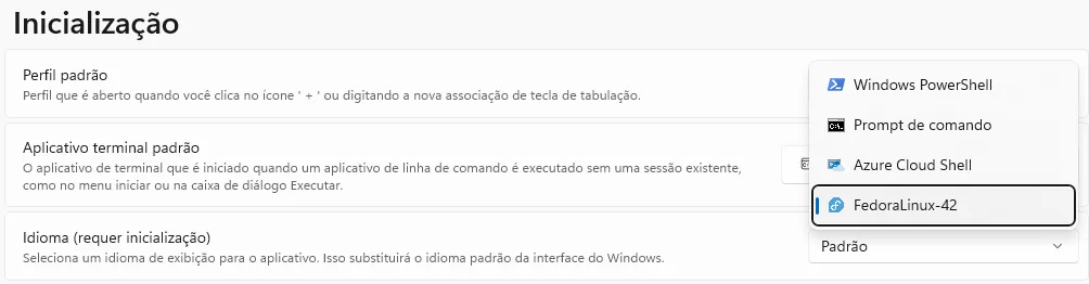Configurações do Windows Terminal, em que se define o perfil padrão de inicialização.