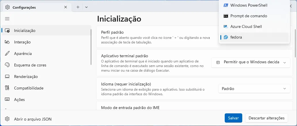 Configurações do Windows Terminal, em que se define o perfil padrão de inicialização.