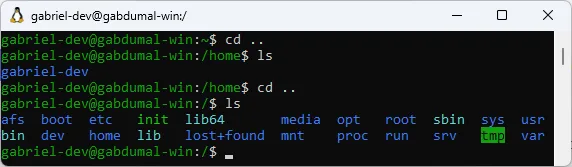 Terminal do Fedora, em que se executa o comando "ls", que exibe a estrutura de pastas da raiz do Fedora.