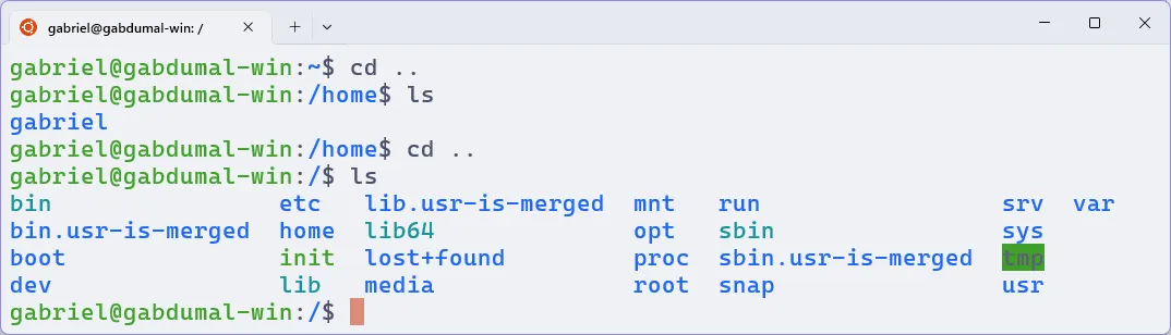 Terminal do Ubuntu, em que se executa o comando "ls", que exibe a estrutura de pastas da raiz do Ubuntu.