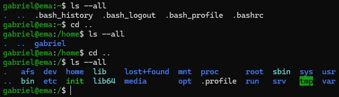 Terminal do Fedora, em que se executa o comando "ls", que exibe a estrutura de pastas do diretório raiz.