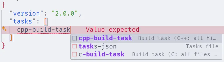 Visual Studio Code com o arquivo "tasks.json" aberto, sugerindo o preenchimento com o snippet para a tarefa de compilação de C++.