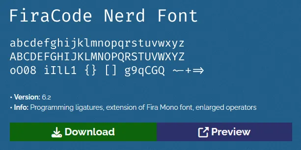 Parte da página de downloads do site Nerd Fonts, em que se mostra a opção pela fonte FiraCode.