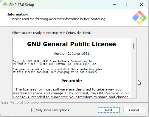 Tela inicial do instalador do Git para Windows, em que se descreve a licença de uso.